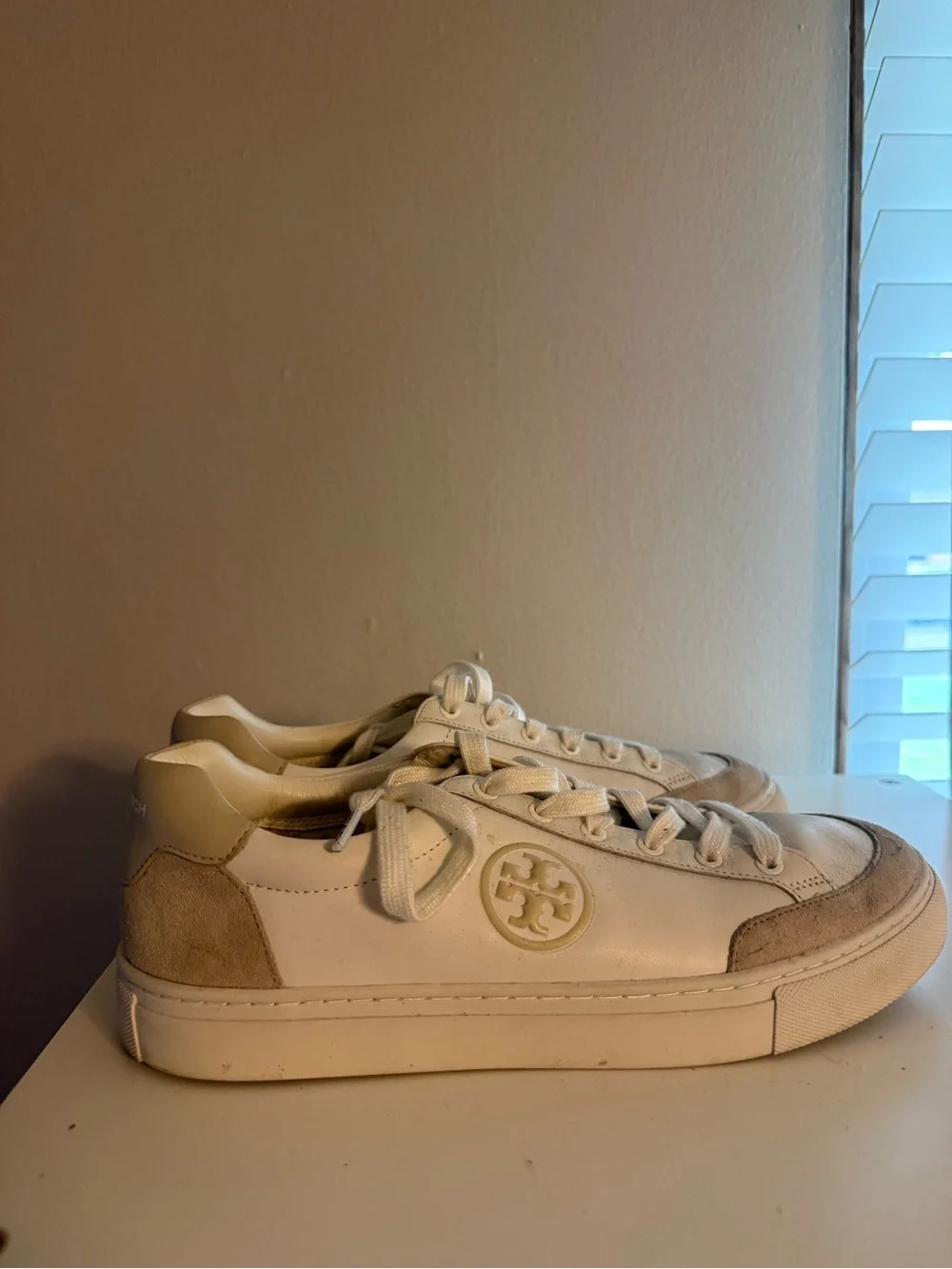 Tory Burch White and Beige Suede-Trim Leather Sneakers